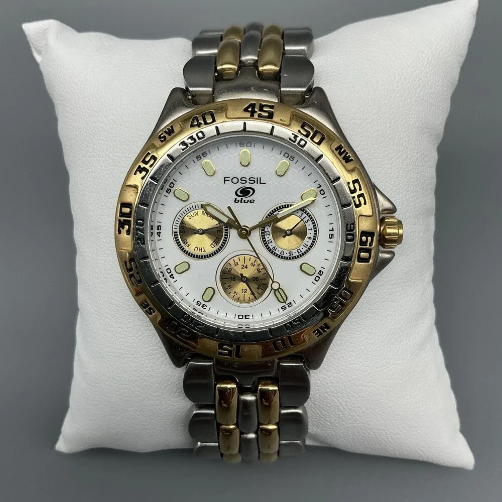 Fossil Blue Mens Sport Watch 39mm Two Tone BQ-8774 Day Date New Battery 7.5